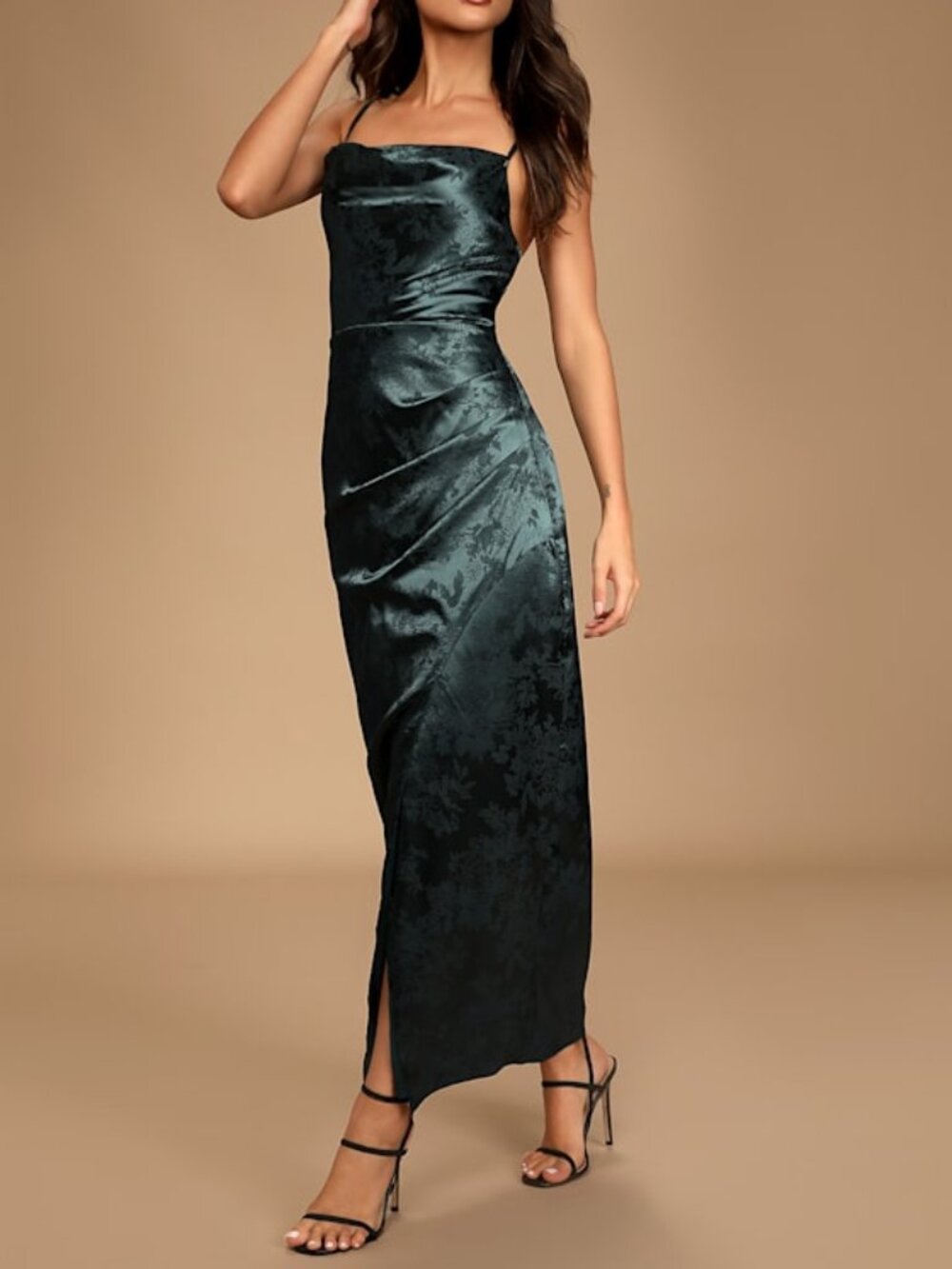 Lulus Under The Moonlight Emerald Green Satin Jacquard Maxi Dress - Size M